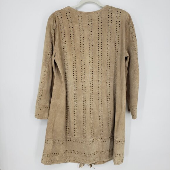 Newport News Vintage Fringe Trim Suede Leather Long Jacket XL Womens Boho Tan - Picture 2 of 9